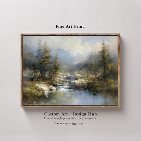 Mountain River Landscape Print Tranquil Waterfall Painting Rustic Decor