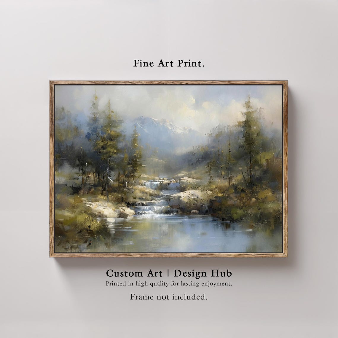 Misty Mountain Stream Waterfall Painting Forest Landscape Poster