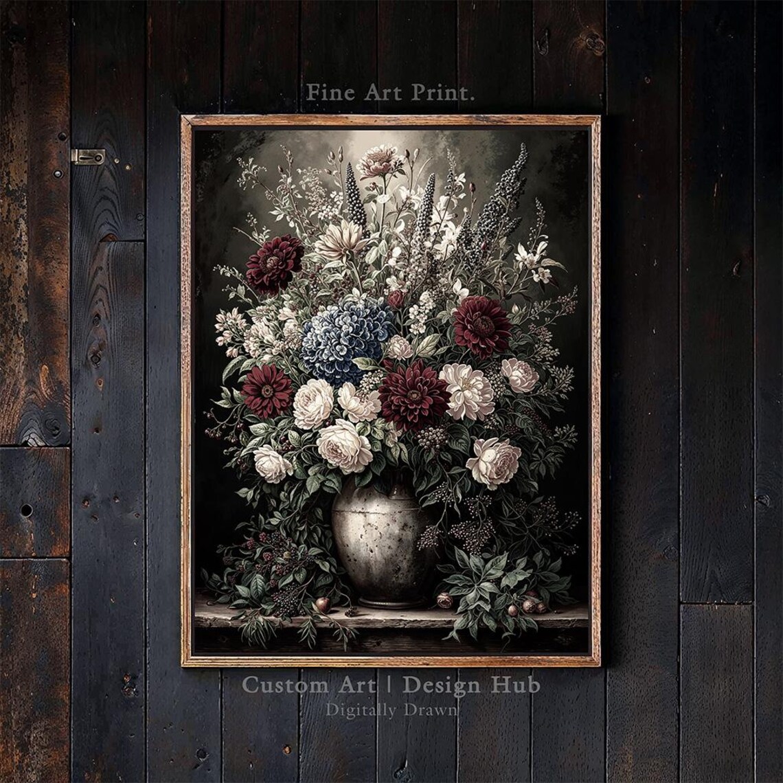 Vintage Floral Vase Wall Art Print Dark Botanical Bouquet Painting Rustic Decor