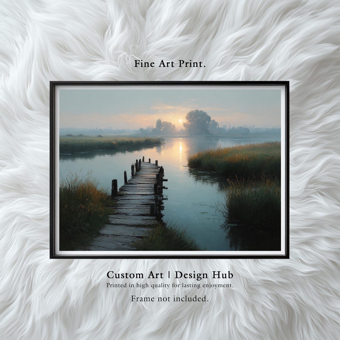 Sunrise River Wooden Pier Misty Wetlands Tranquil Nature Art Print