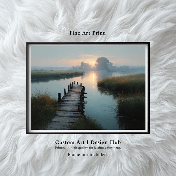 Sunrise River Wooden Pier Misty Wetlands Tranquil Nature Art Print