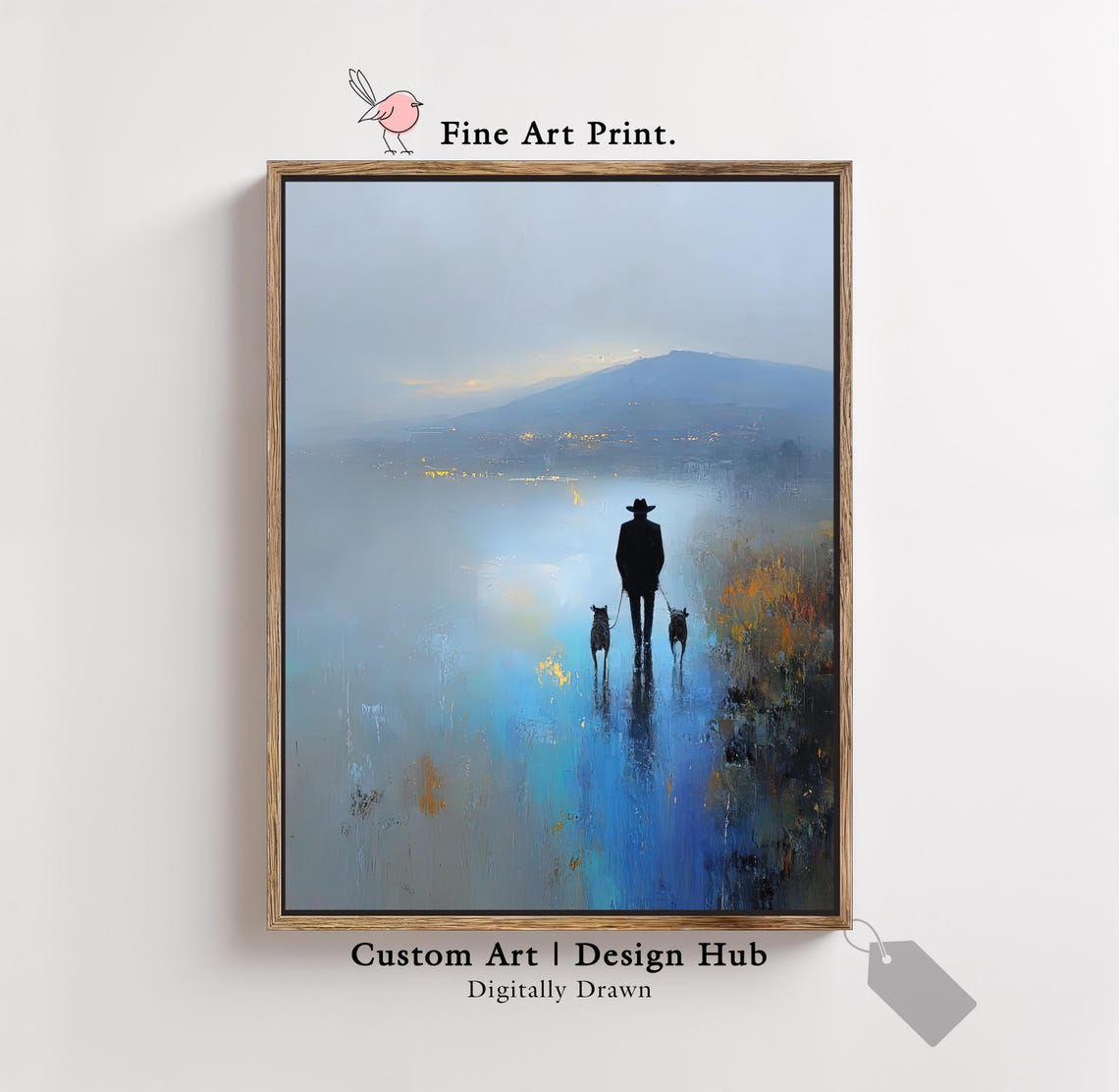 Man Walking Two Dogs Through Blue Mist Moody Landscape Wall Art