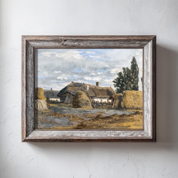 Thatched Farmhouse With Haystacks Rustic Vintage Painting Wall Art