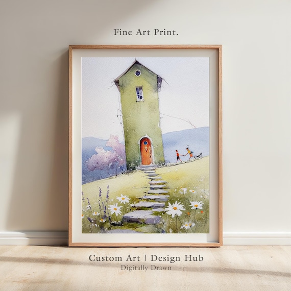 Whimsical Watercolor House Illustration Wall Art Print With Floral Path
