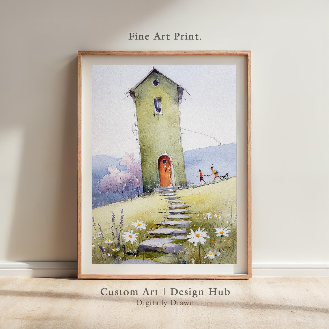 Whimsical Watercolor Green Tower House With Daisies And Children Poster