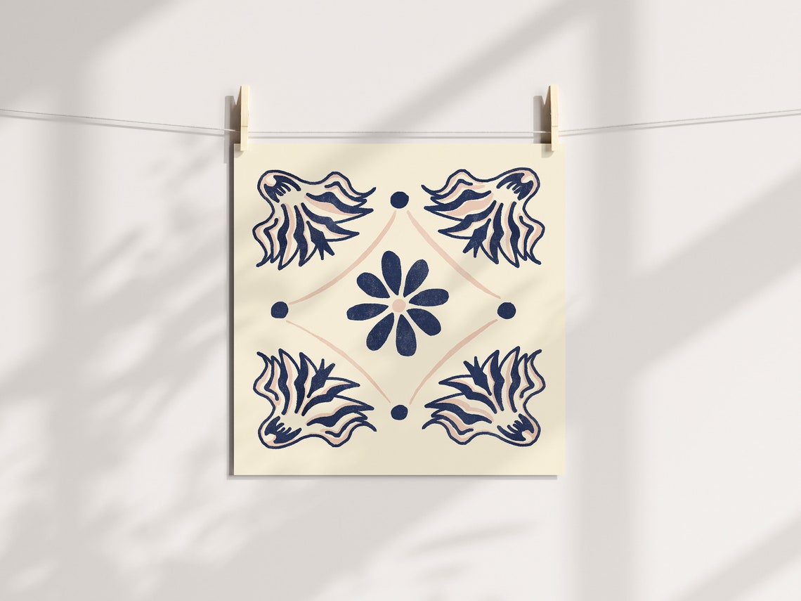 In Bloom Hand Painted Mexican Tile Style Blue Floral Art Print - Image 2