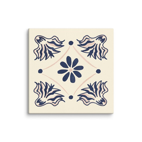 Navy Pink Floral Talavera Tile Center Flower Folk Art Poster
