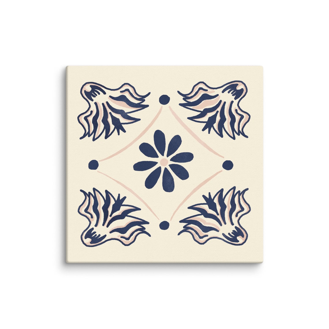 Navy Pink Floral Talavera Tile Center Flower Folk Art Poster