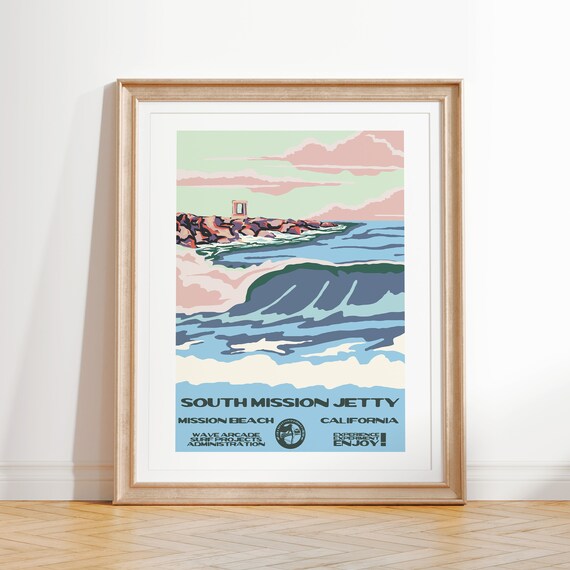 South Mission Jetty Art Print Vintage National Parks Style Surf Poster Mission Beach Ca Coastal Surf Decor