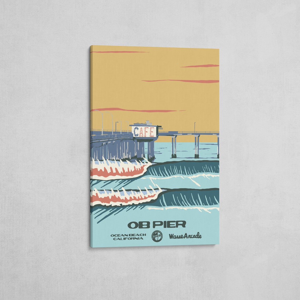 OB Pier Ocean Beach California Cafe Sunset Surf Travel Art Poster - Image 2