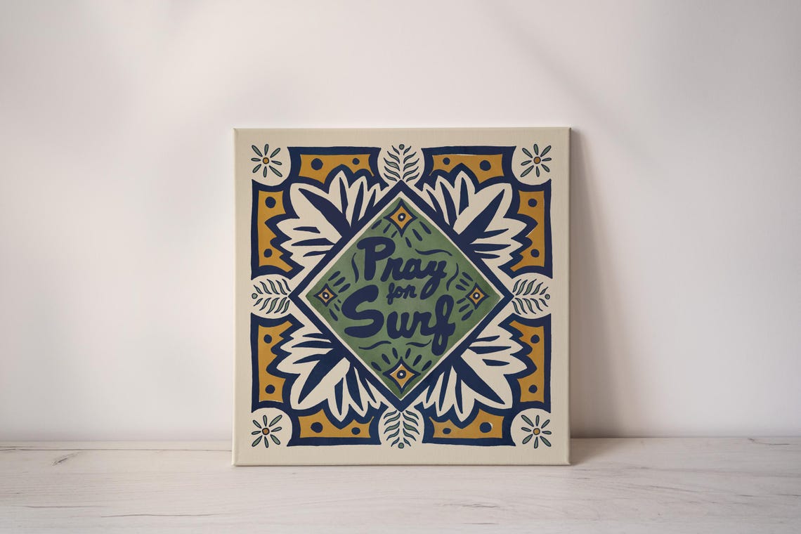 Pray For Surf Talavera Tile Diamond Navy Green Surf Art Poster - Image 2