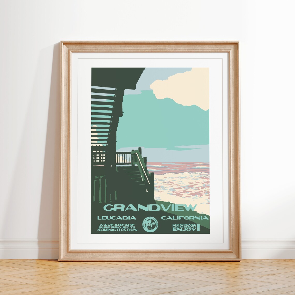 Grandview Stairs Beach Silhouette Dusk Travel Poster California