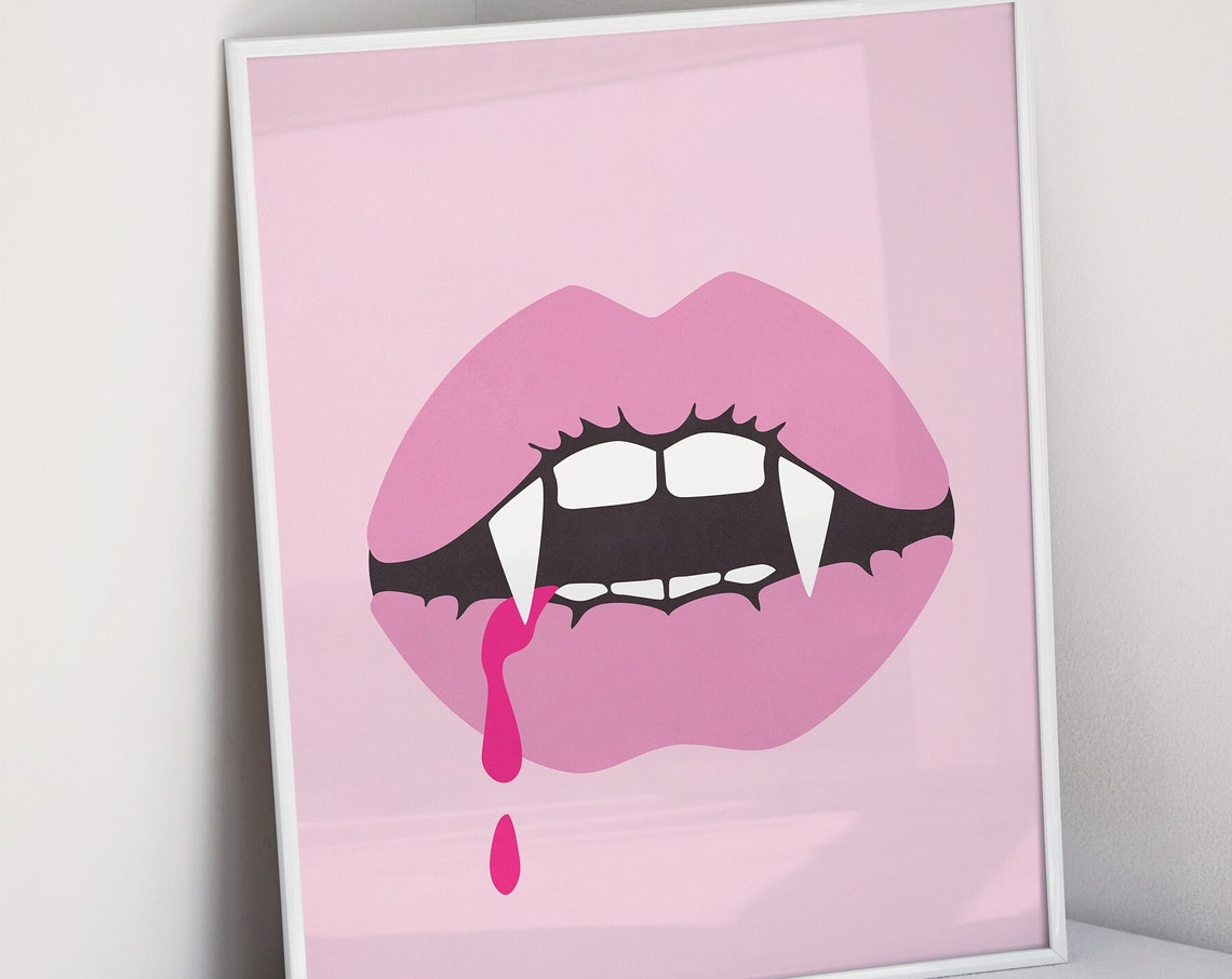 Pink Vampire Lips Fangs Dripping Blood Girly Halloween Poster