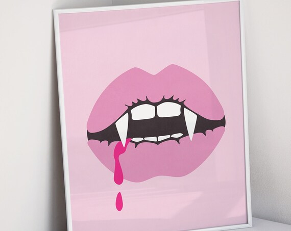 Pink Vampire Lips Fangs Dripping Blood Girly Halloween Poster