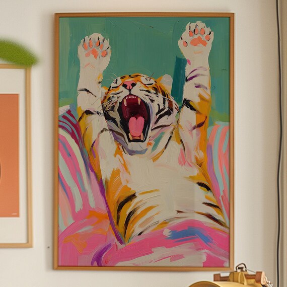 Tiger Poster Maximalist Art Vintage Room Bedroom Wall Decor Trendy Kitsch Pink