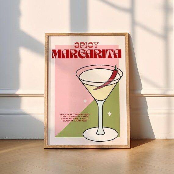 Spicy Margarita Retro Cocktail Bar Poster Pink Green Chili Artwork