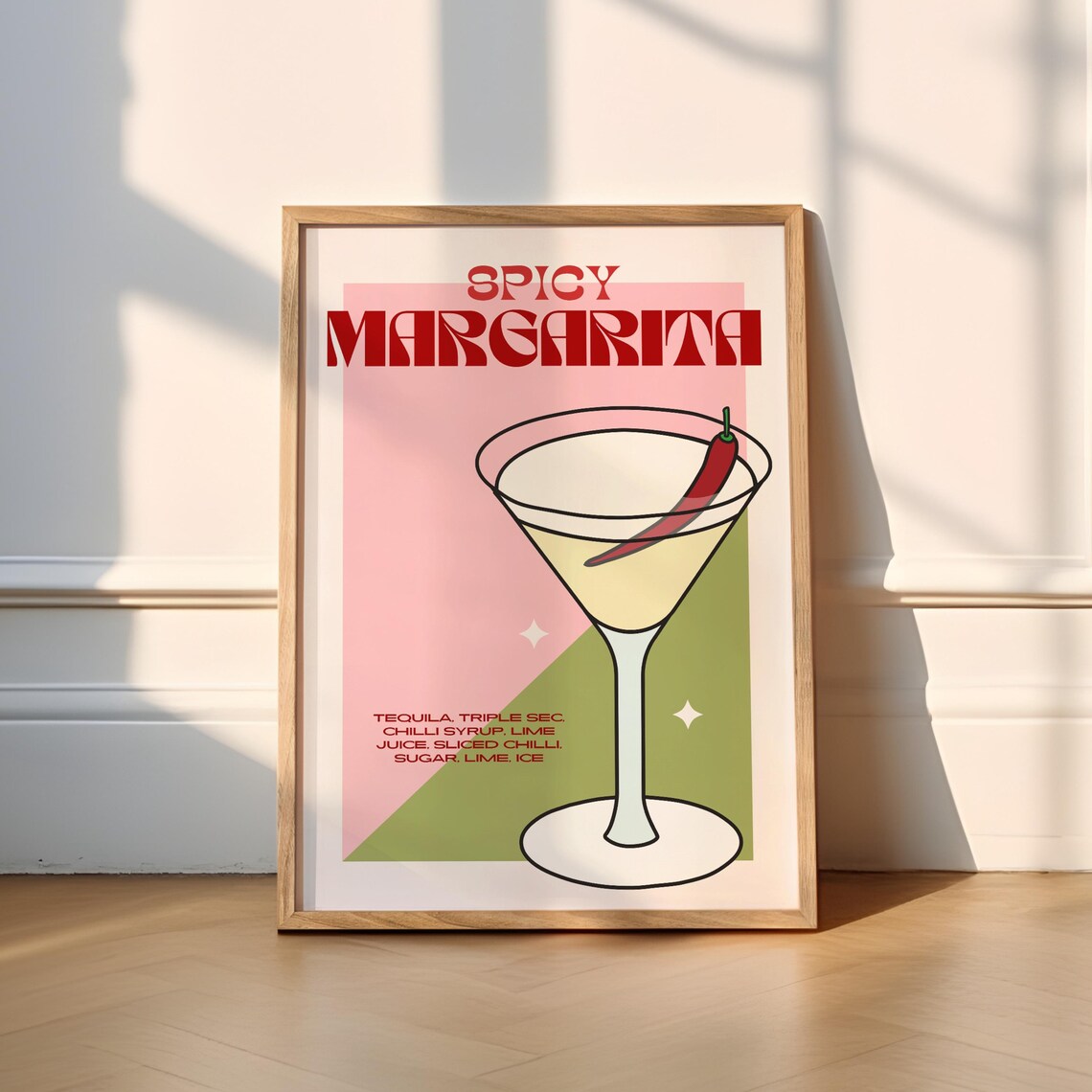 Spicy Margarita Retro Cocktail Bar Poster Pink Green Chili Artwork