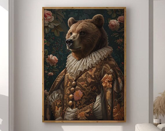 Brown Bear in Floral Brocade Coat with Lace Ruff Noble Portrait Poster