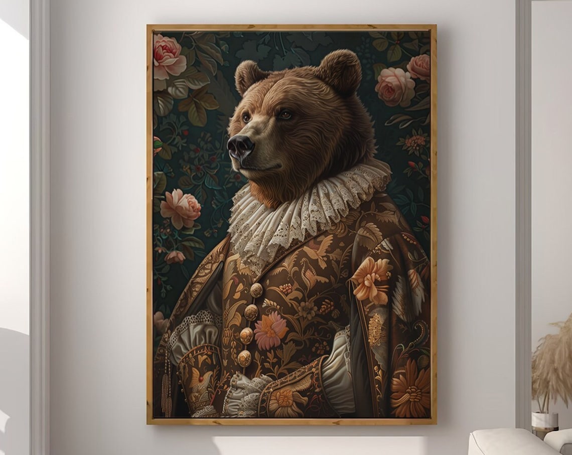 Brown Bear in Floral Brocade Coat with Lace Ruff Noble Portrait Poster