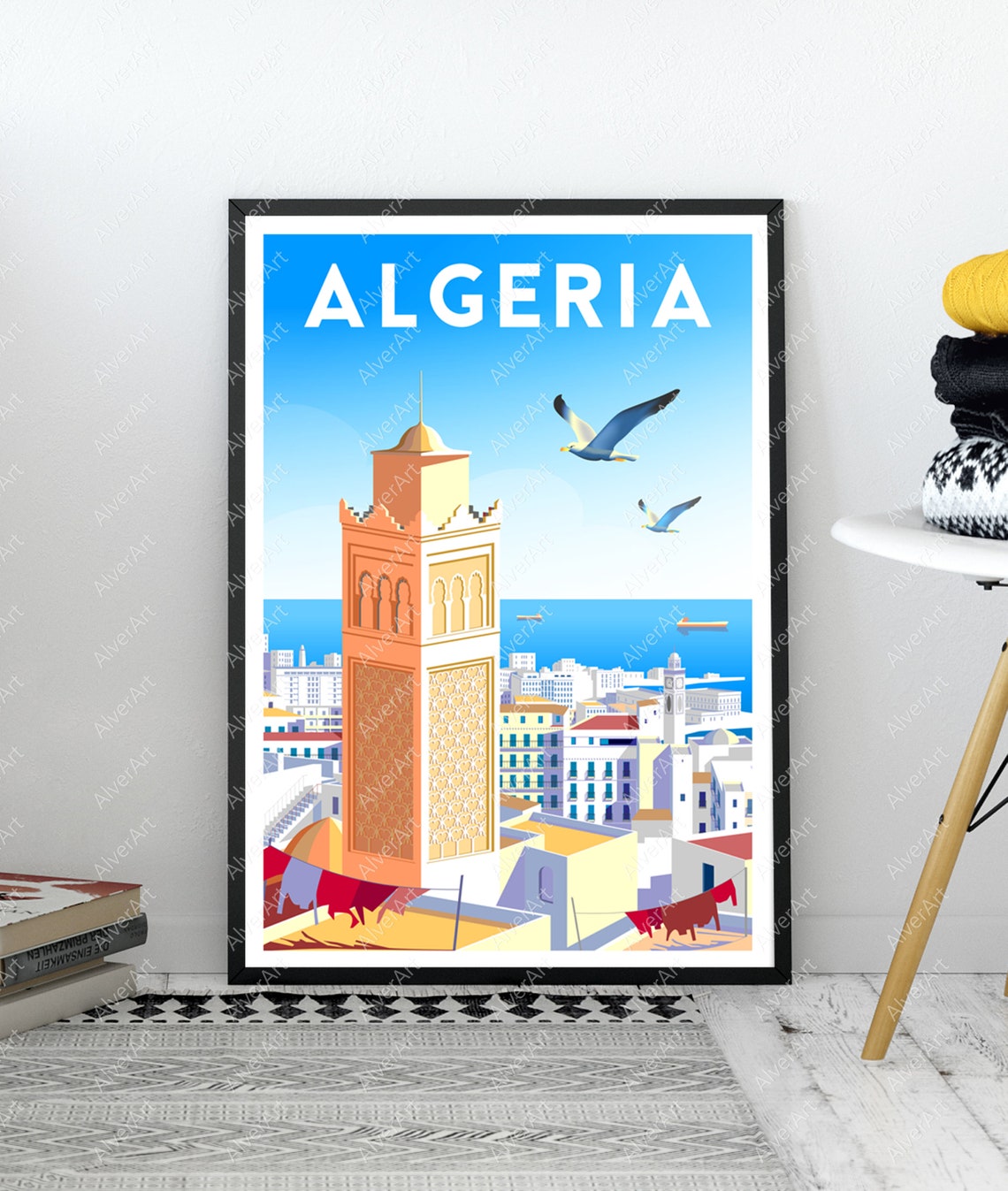 Algeria Coastal City Mosque Minaret Seagulls Blue Sky Poster - Image 3