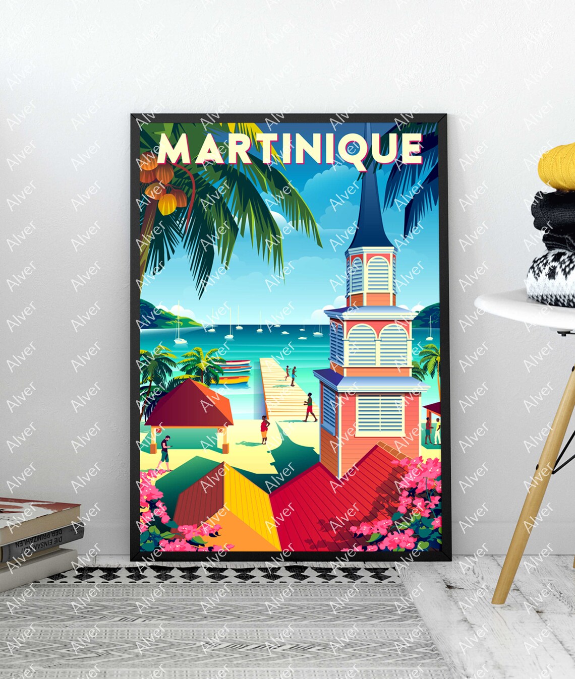 Martinique Caribbean Travel Poster With Church Tower Beach and Pier - Image 3