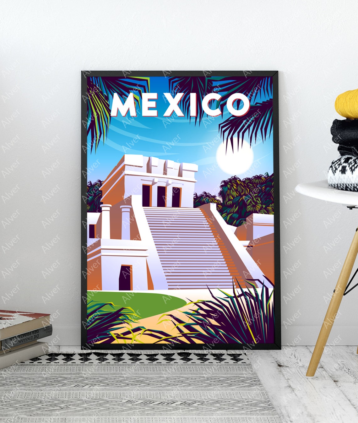 Mexico Ancient Maya Temple Pyramid Retro Tropical Travel Poster - Image 3