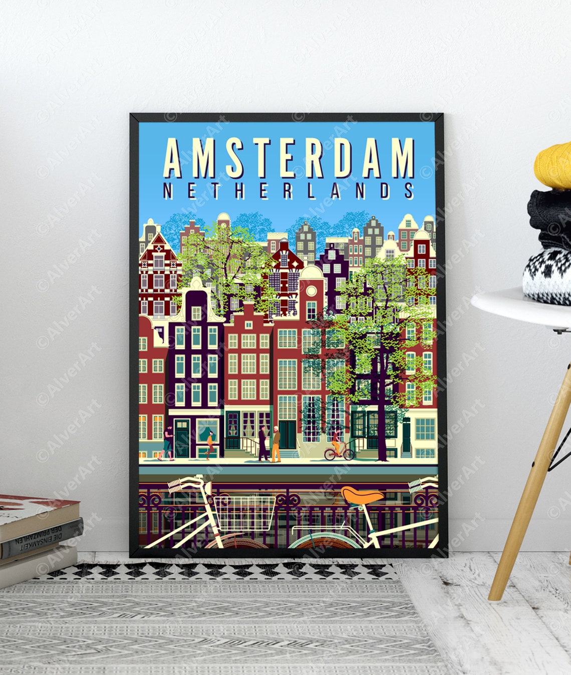 Amsterdam Netherlands Canal Houses Bicycles Vintage Travel Poster - Image 2