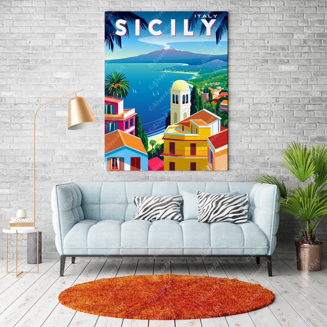 Sicily Italy Coastal Town Mount Etna Colorful Seaside Poster - Image 2