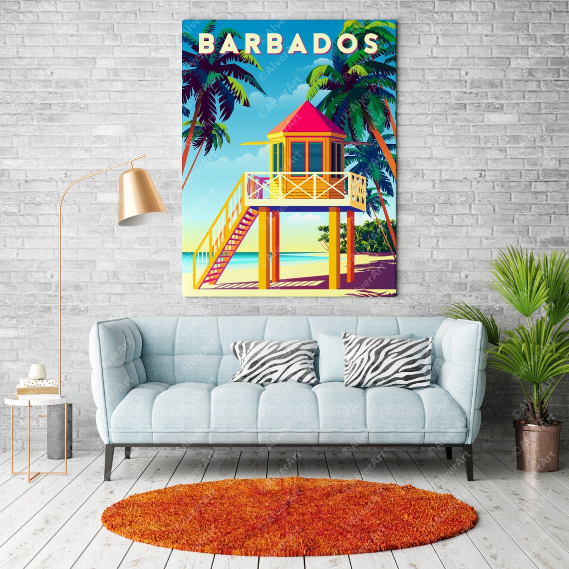 Barbados Lifeguard Tower Palm Trees Tropical Beach Scene Poster - Image 2
