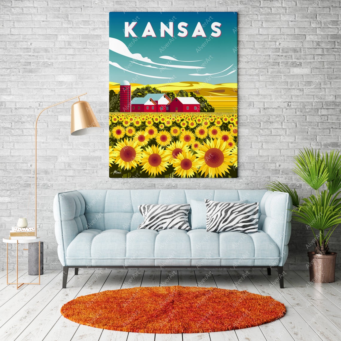 Kansas Sunflower Fields Red Barn Farm Countryside Retro Poster - Image 2