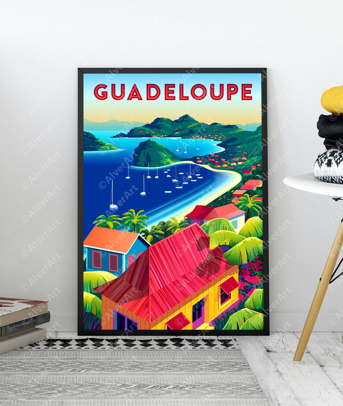 Guadeloupe Caribbean Bay Sailboats Vintage Tropical Travel Poster - Image 3