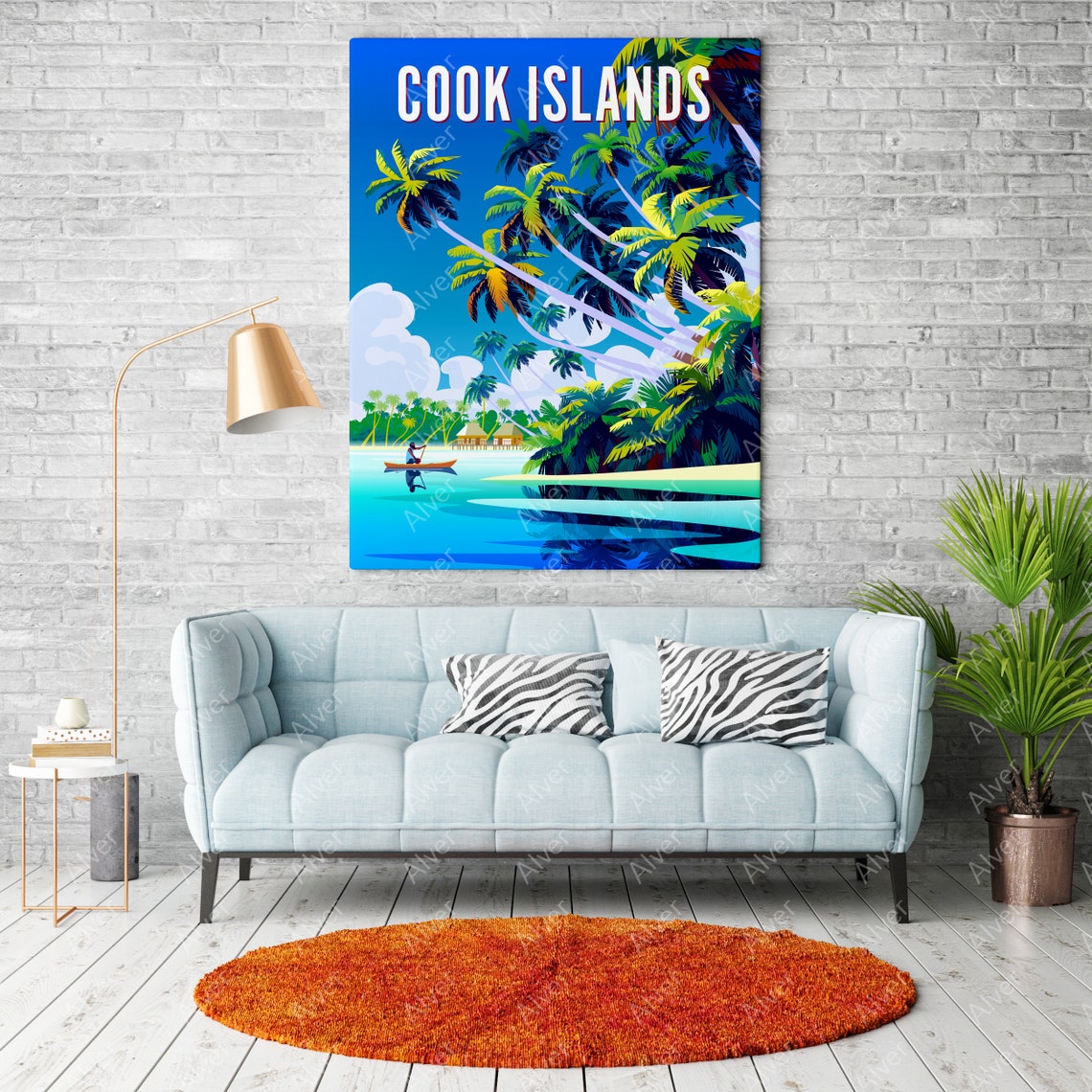 Cook Islands Tropical Lagoon Canoe Palm Trees Beach Scene Poster - Image 2