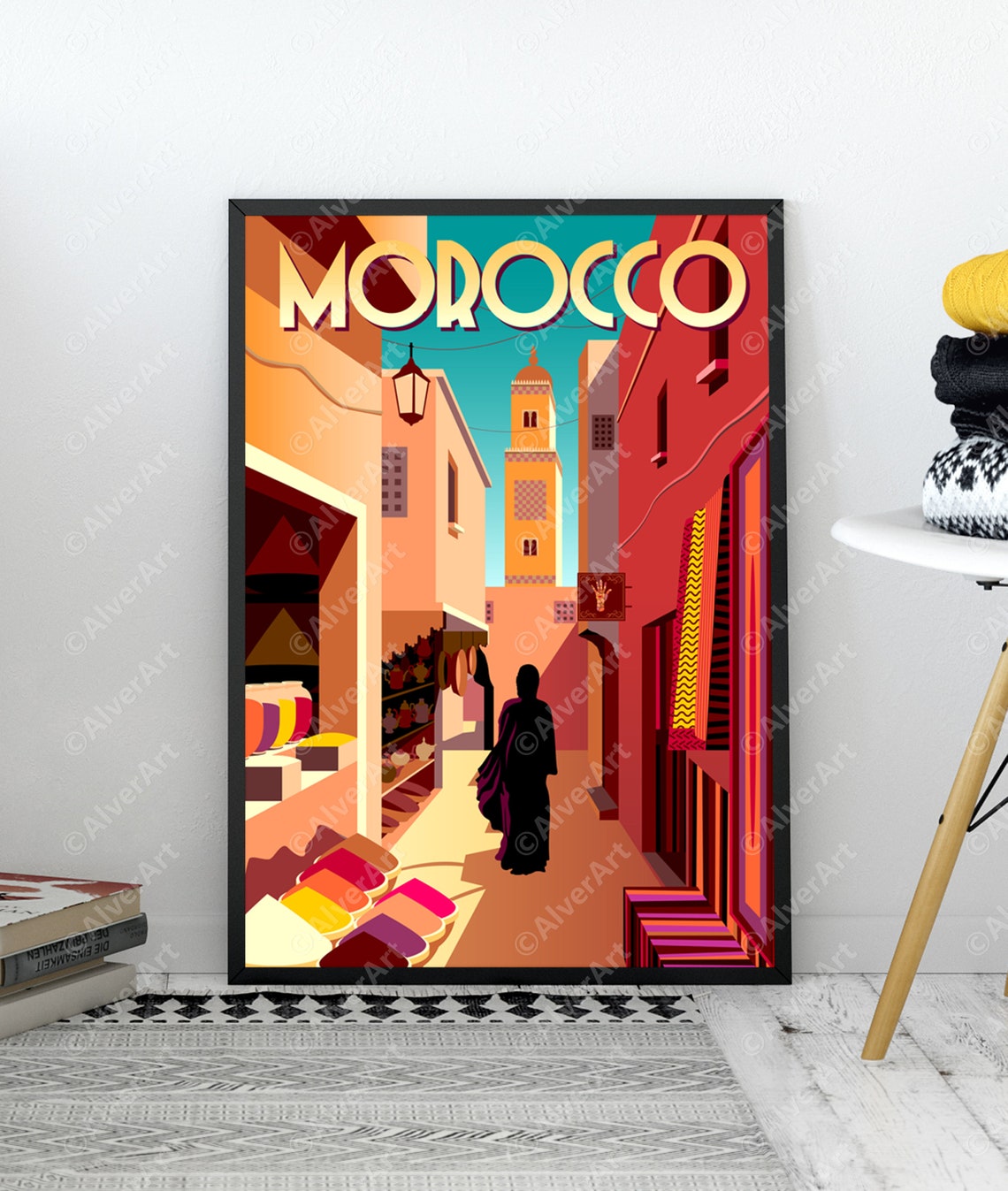 Morocco Marrakech Souk Medina Minaret Colorful Travel Poster - Image 3
