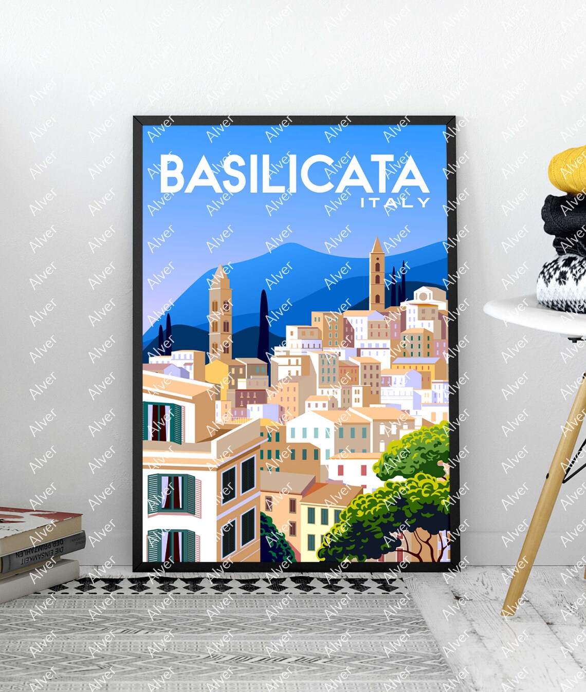 Basilicata Italy Hilltop Village Church Towers Cypress Travel Poster - Image 2
