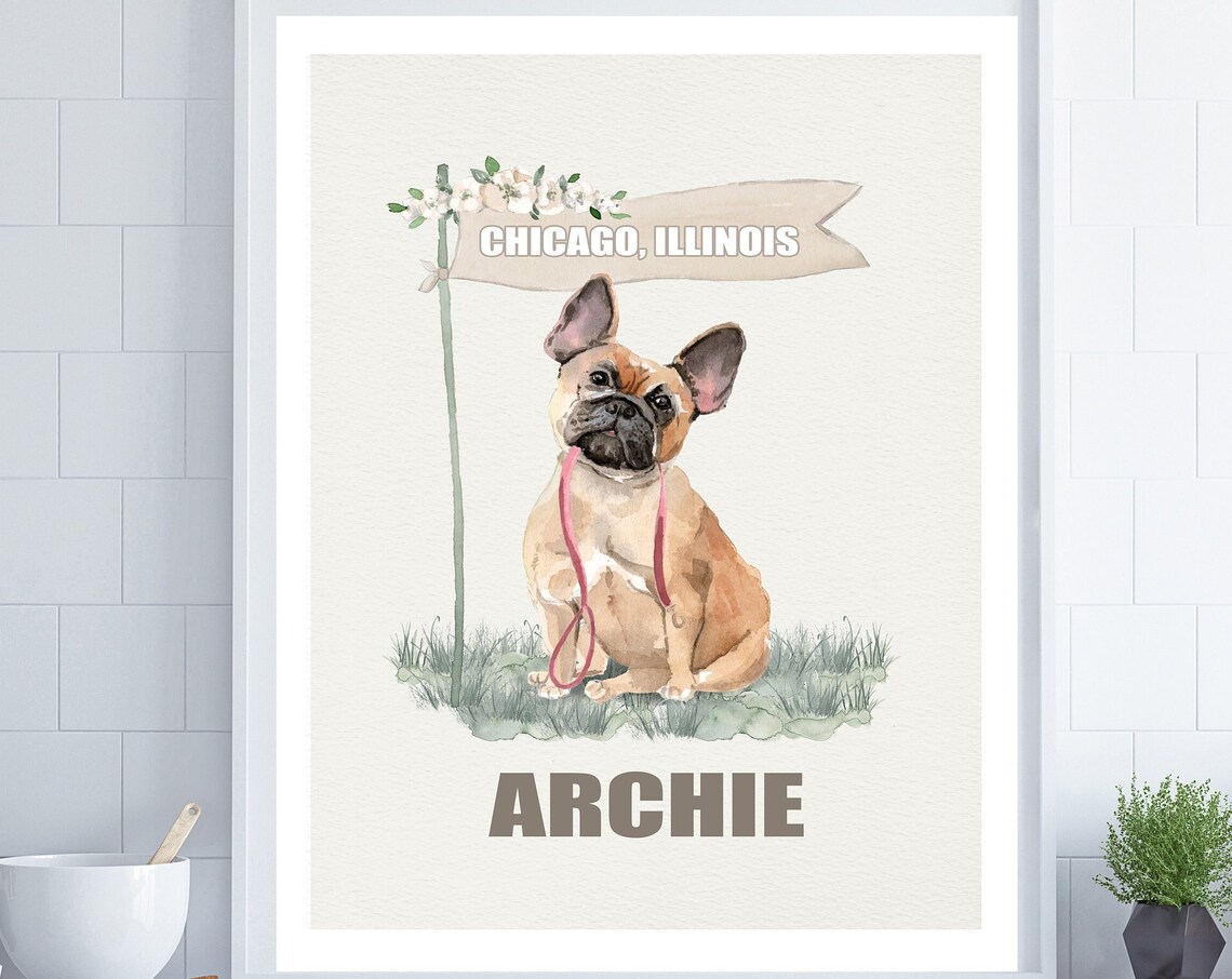 French Bulldog Watercolor Dog Portrait Personalized Pet Name Wall Art