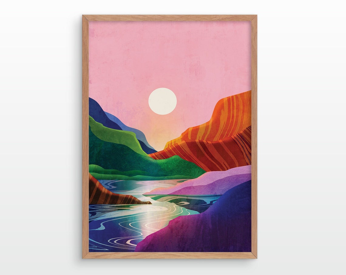 Colorful Sunset Mountain River Landscape Art Poster for Living Room