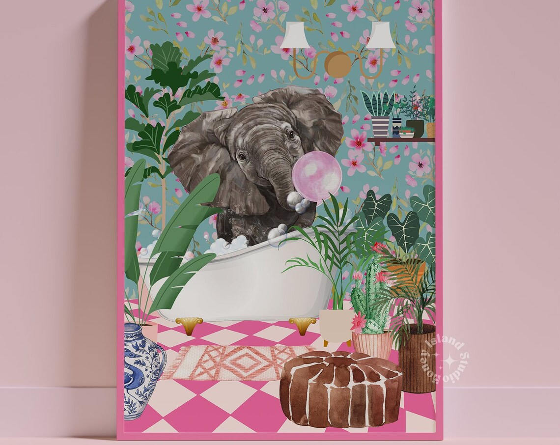Trendy Elephant Bathroom Print Cute Animal Decor Toilet Poster Funny Wall Art