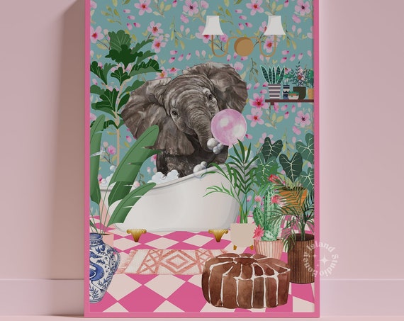 Trendy Elephant Bathroom Print Cute Animal Decor Toilet Poster Funny Wall Art
