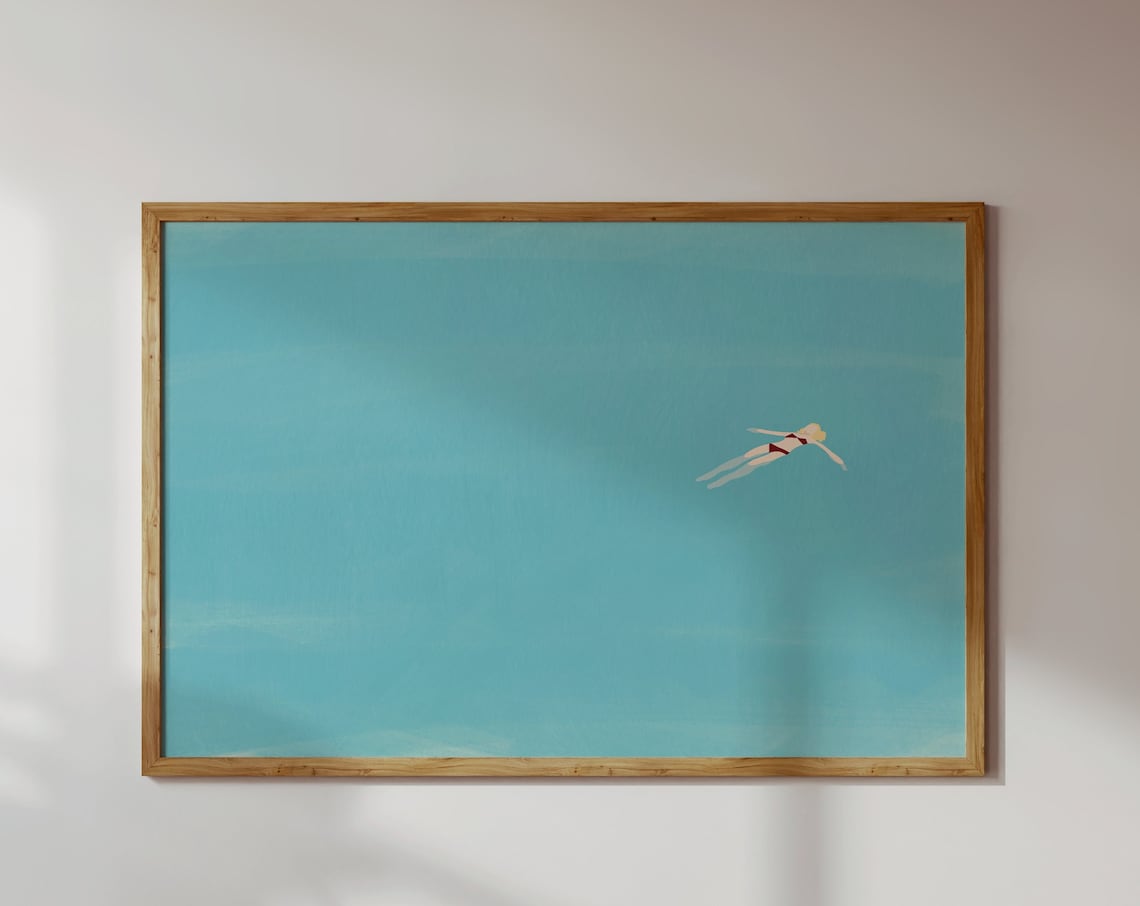 Blonde Girl Floating In Pool, Minimalist Pool House Print