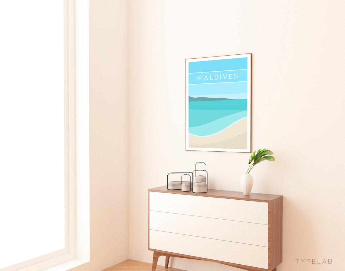 Maldives Minimalist Beach Waves Turquoise Ocean Travel Poster