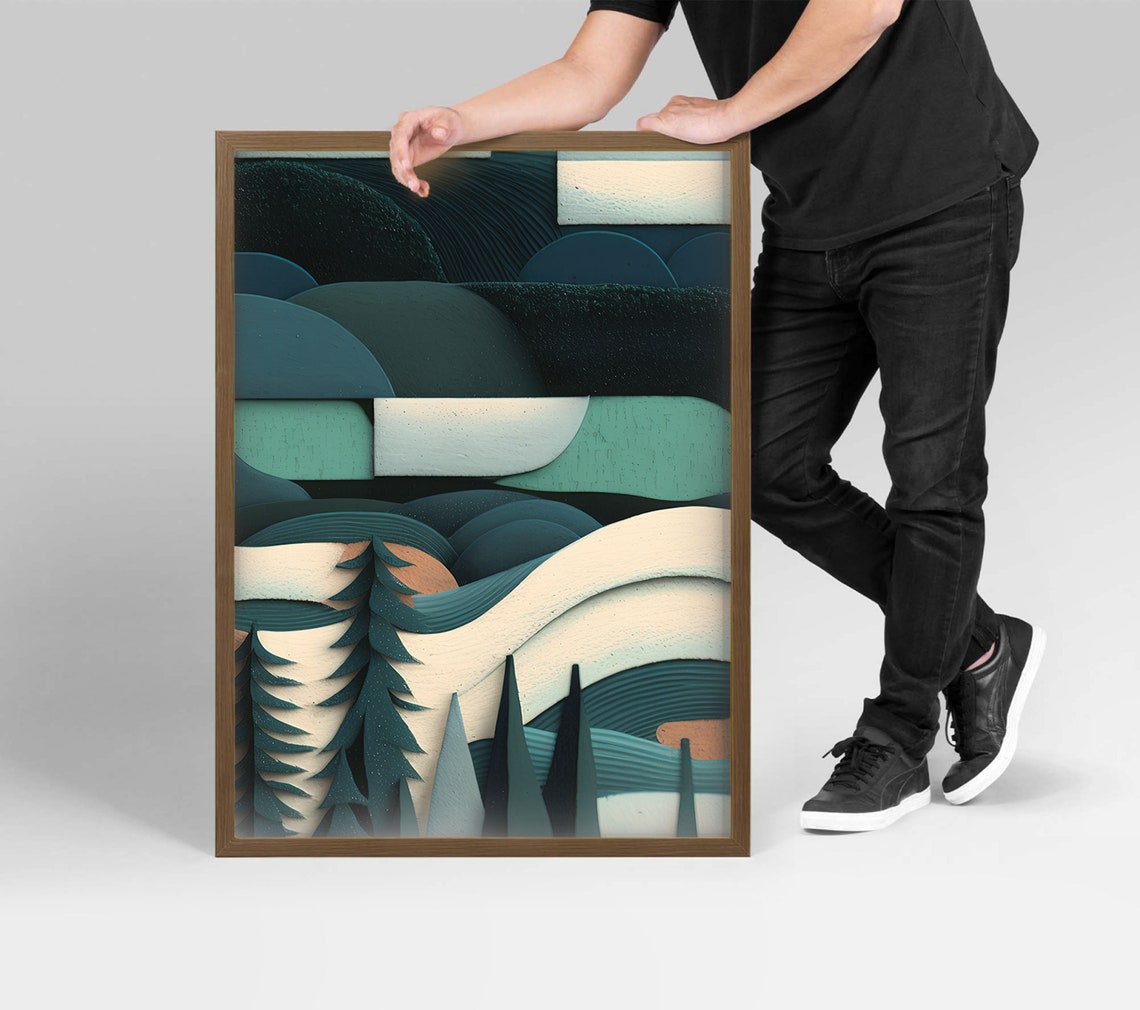 Abstract Night Pine Forest Stars Teal Layered Modern Art Poster - Image 2