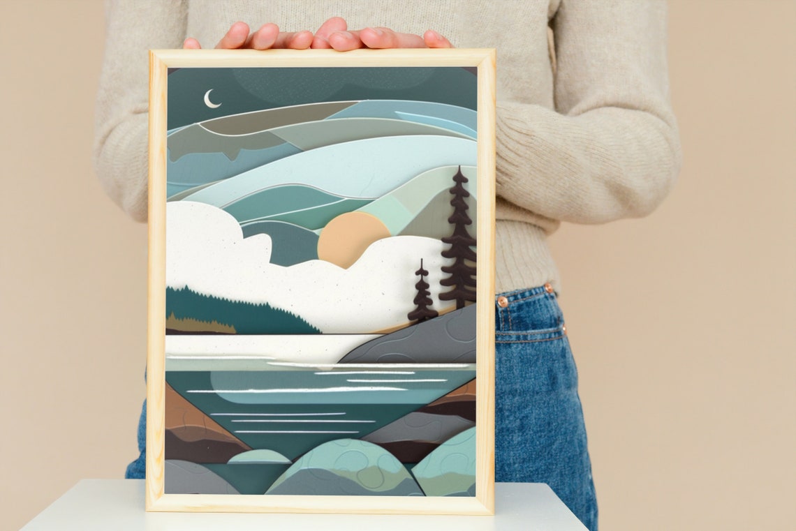 Moonlit Lake Waves Layered Paper Cut Style Night Landscape Poster - Image 3