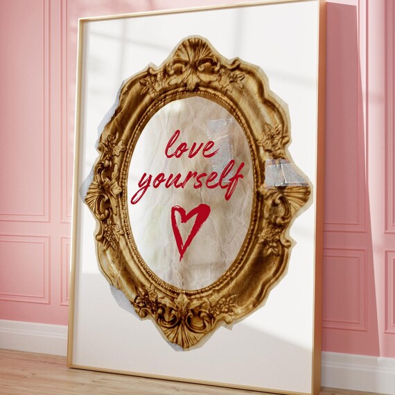 Love Yourself Red Script Gold Vintage Frame Self Love Wall Poster