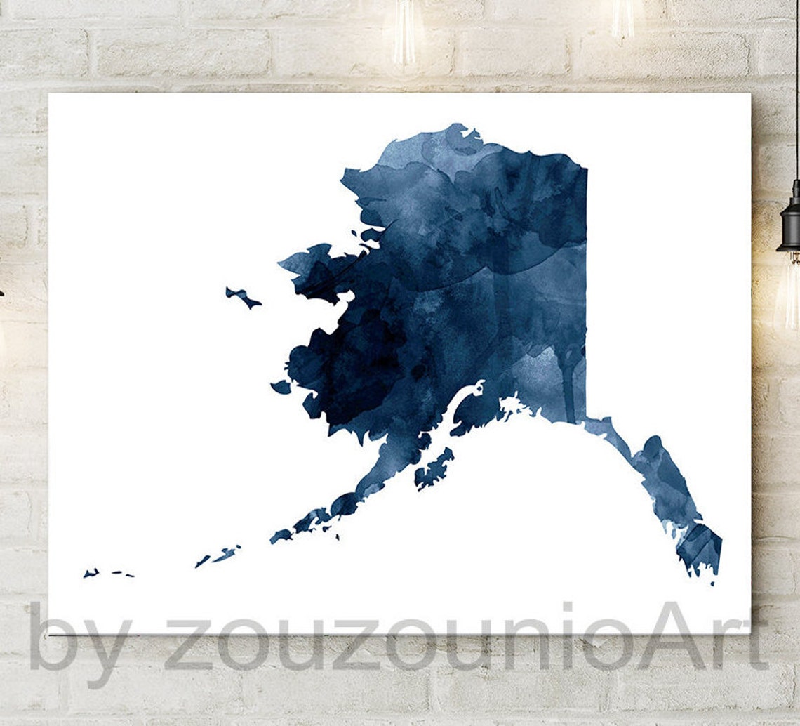 Alaska State Navy Blue Watercolor Map Silhouette Modern Art Print