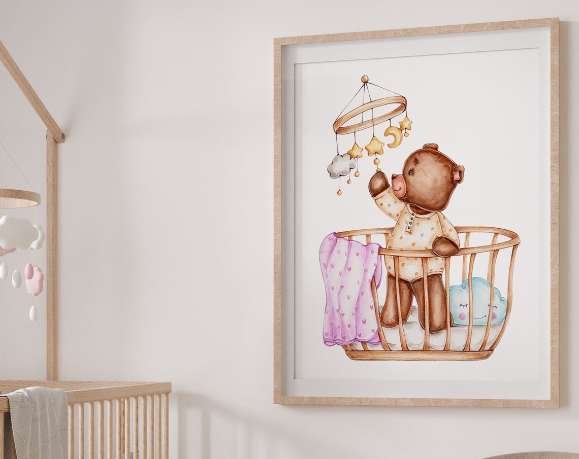 Watercolor Teddy Bear In Cradle Star Mobile Nursery Baby Wall Art