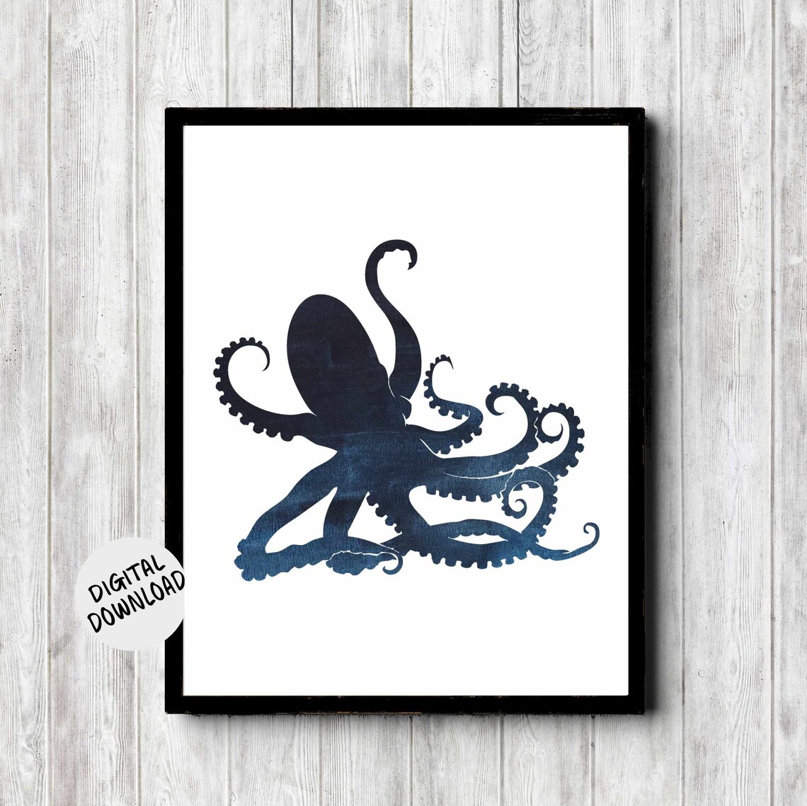 Navy Blue Watercolor Octopus Silhouette Sea Life Decor Art Print