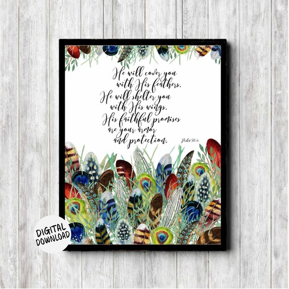 Psalm 91 4 He Will Cover You Watercolor Feathers Scripture Poster