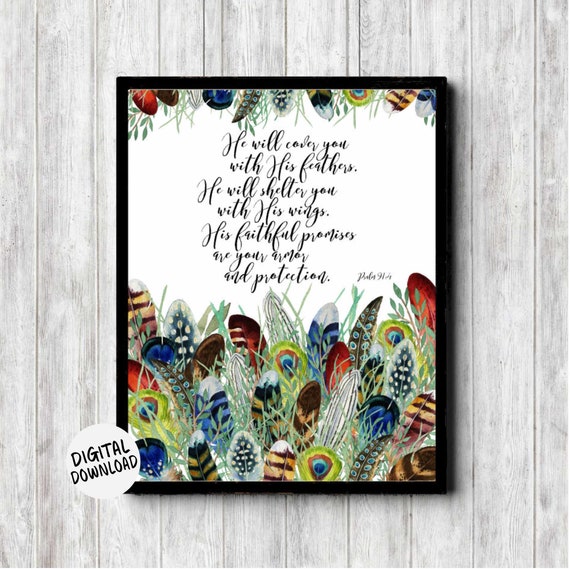 Psalm 91 4 Scripture Wall Art Watercolor Feathers Decor Poster He Will Cover You With His Feathers Bible Verse Sign