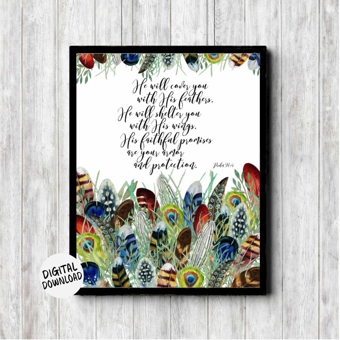 Psalm 91 4 Scripture Wall Art Watercolor Feathers Decor Poster He Will Cover You With His Feathers Bible Verse Sign