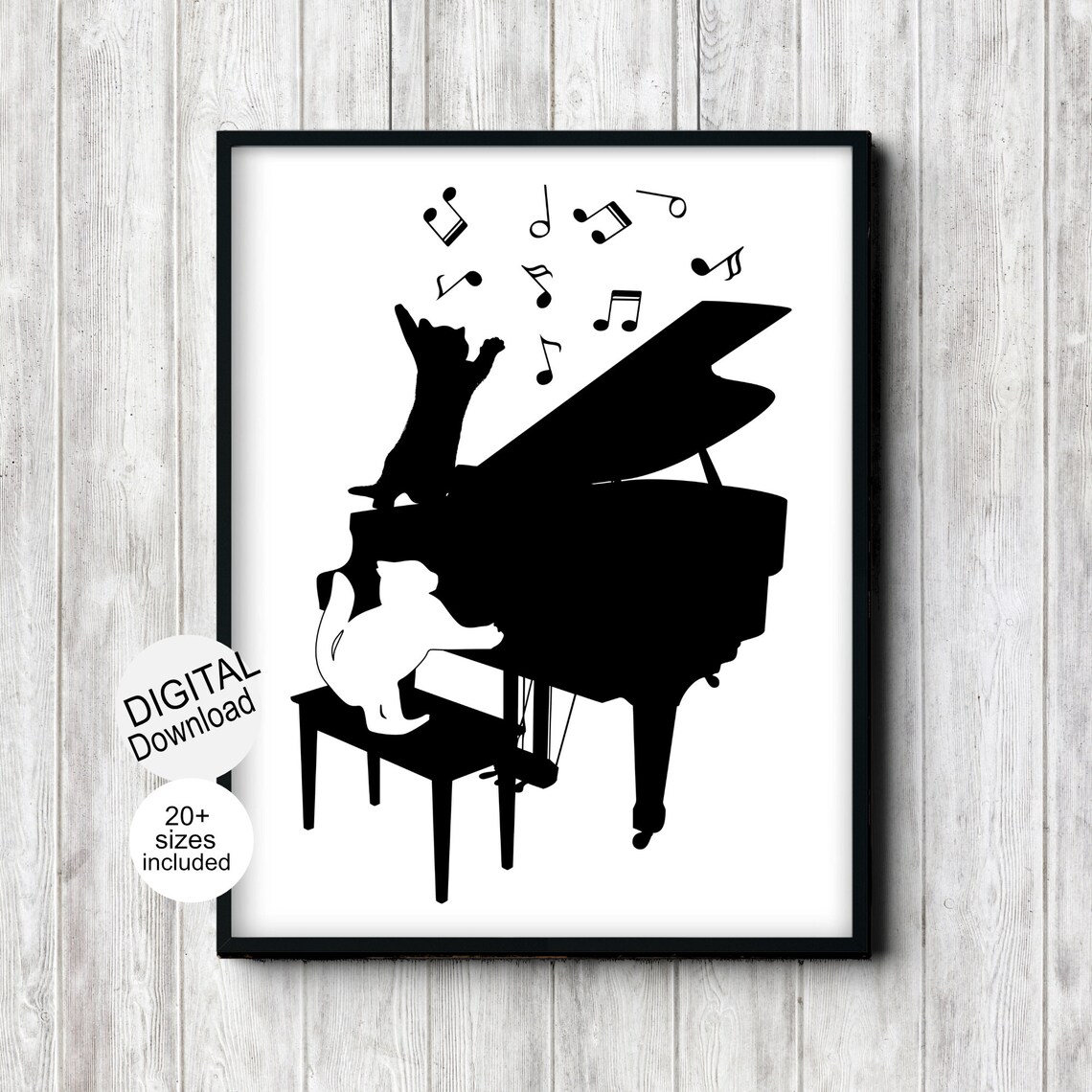 Piano Art Print With Cute Cats, Music Notes